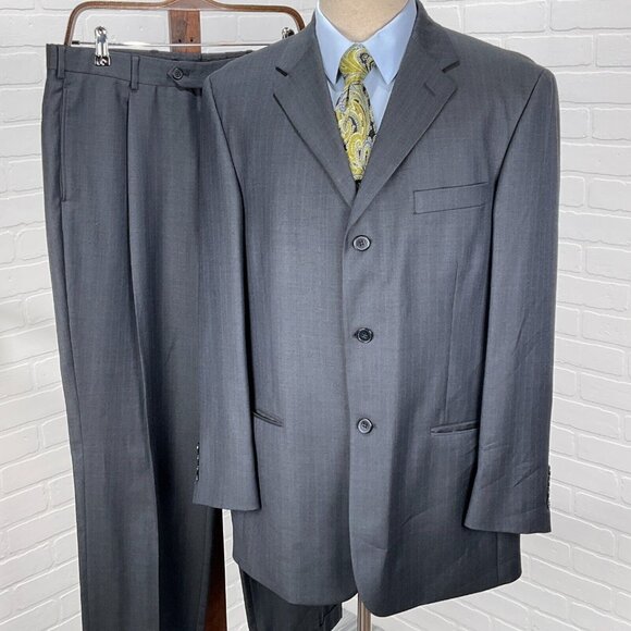 Pierre Cardin‎ Suit Men 42R 34Wx29L Gray Blue Stripe Wool South Africa Classic - Picture 1 of 16